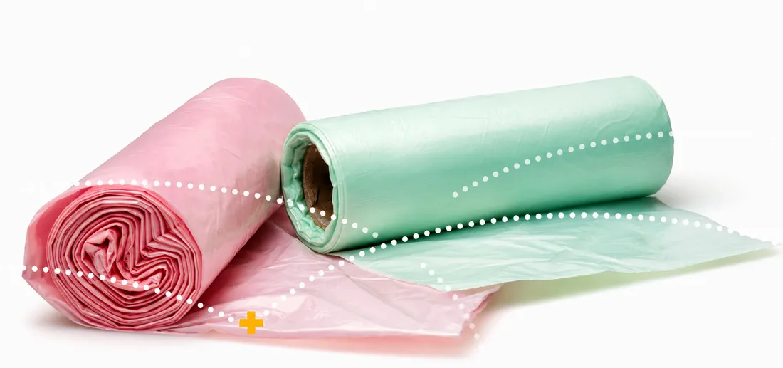 PE-Beutel auf Rolle in Rosa und Mintgrün